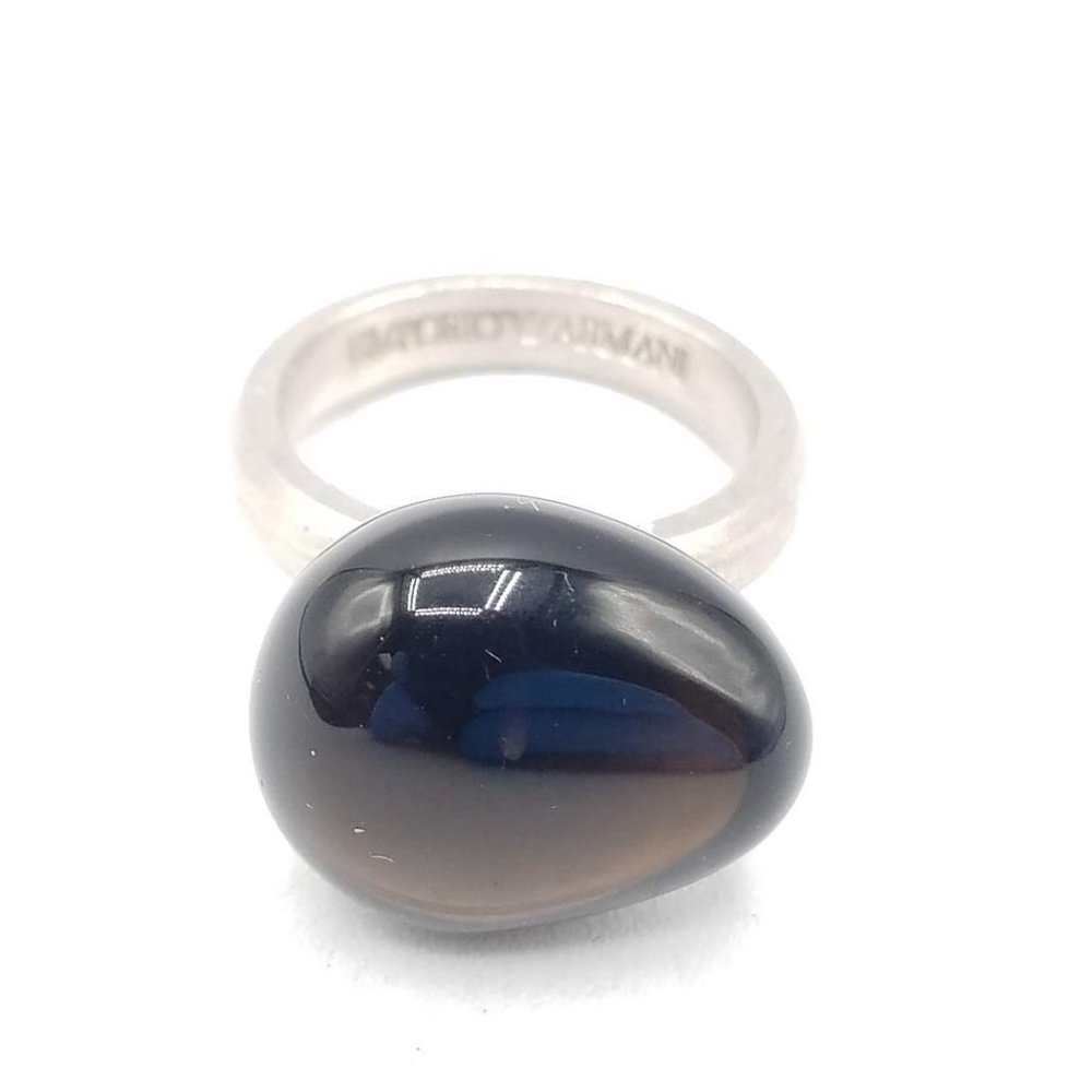 Vintage 1990s Emporio Armani Sterling Silver Onyx Ring, Size 7 and 3/4